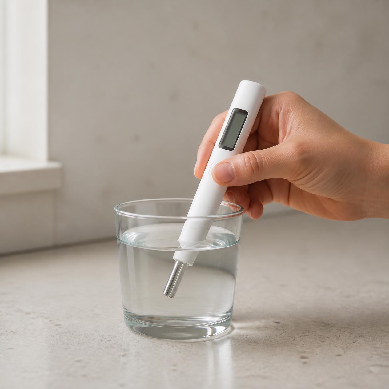 Testeur TDS OD-A3 mesurant la qualité de l’eau filtrée dans un verre