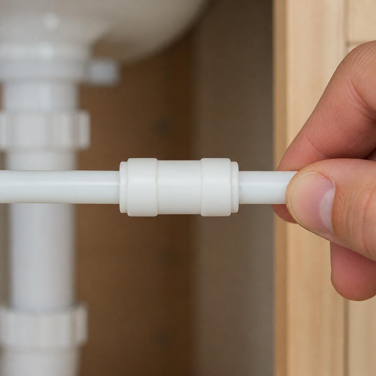 Raccord rapide push-fit blanc reliant deux tubes 1/4 de pouce, insertion à la main sous un évier